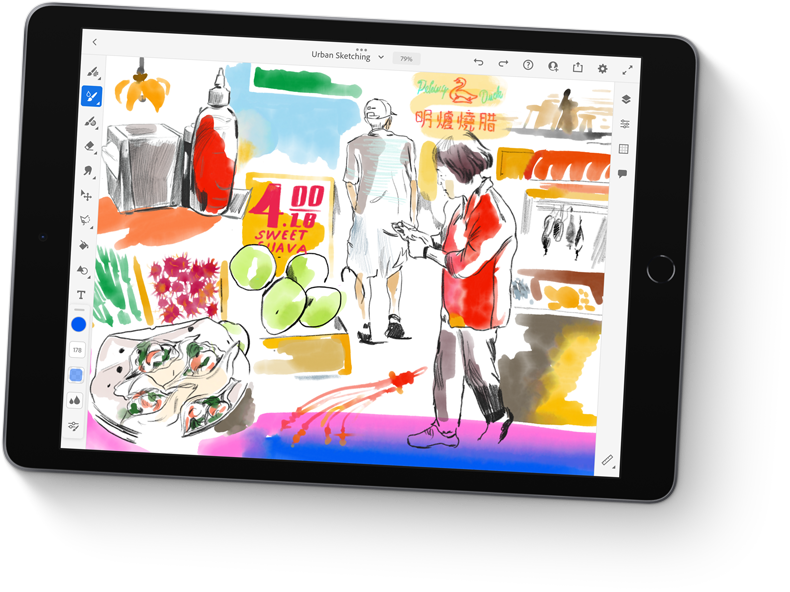 ipad에 adobe Fresco 앱이 열려 있는 모습