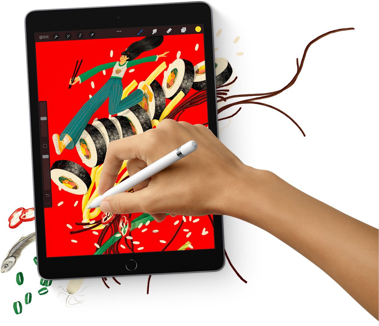Porcreate에서 Apple Pencil로 그림이 그려져 있는 모습